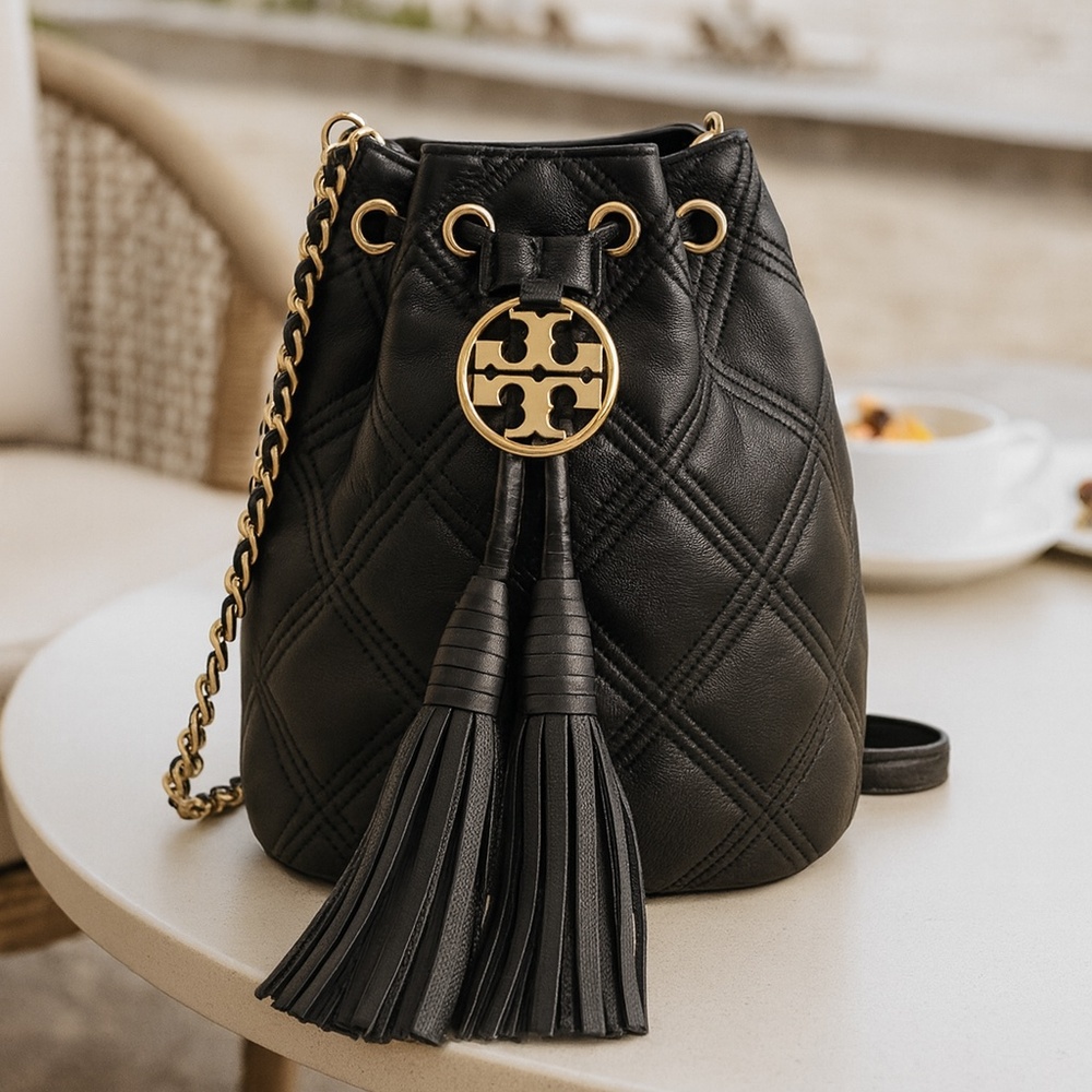 Tory Burch Black Leather Fleming Soft Mini Drawstring Bucket Bag - Chain Strap